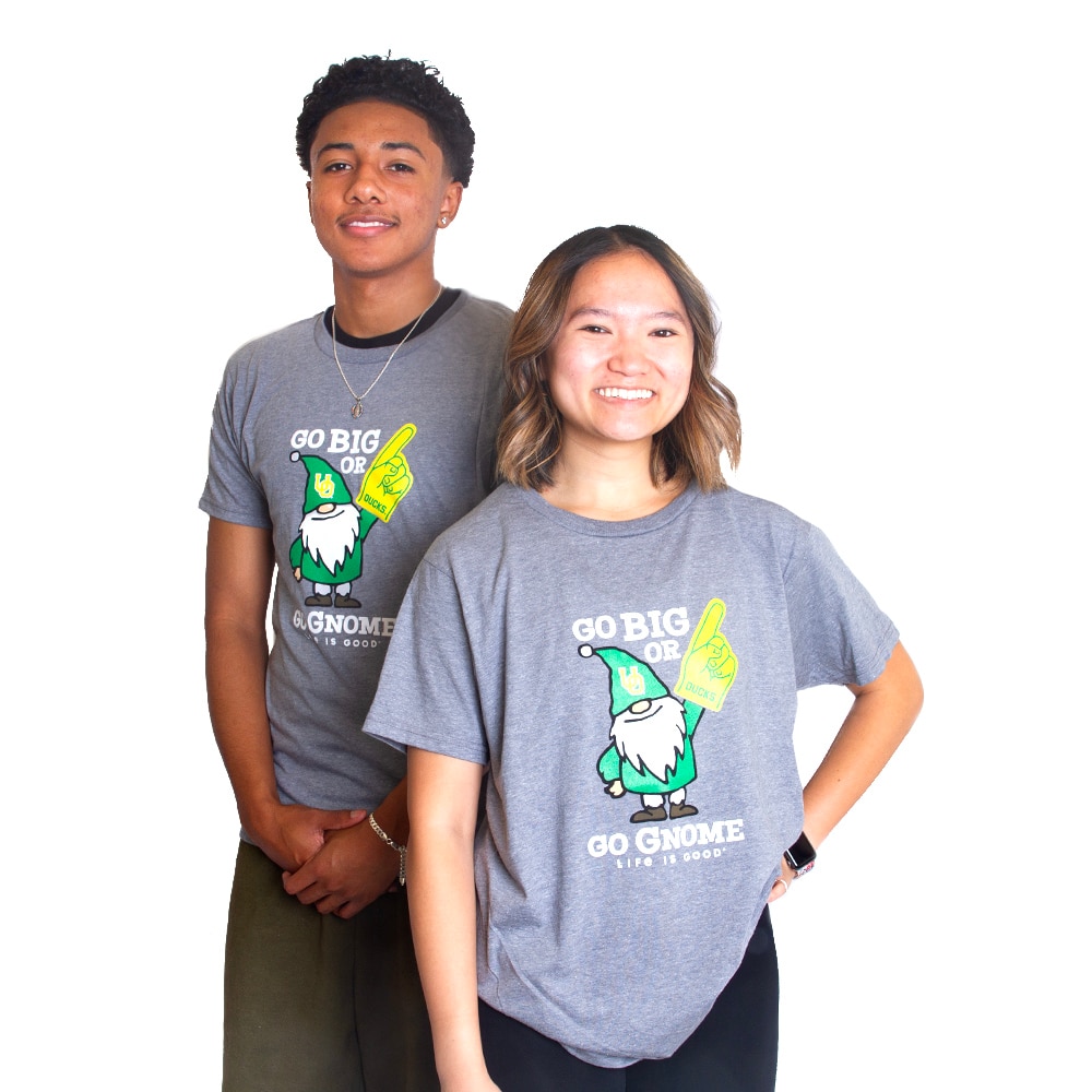 Interlocking UO, Blue 84, Grey, Crew Neck, Cotton Blend, Men, Life is Good, Gnome with Foam Finger, T-Shirt, 800462